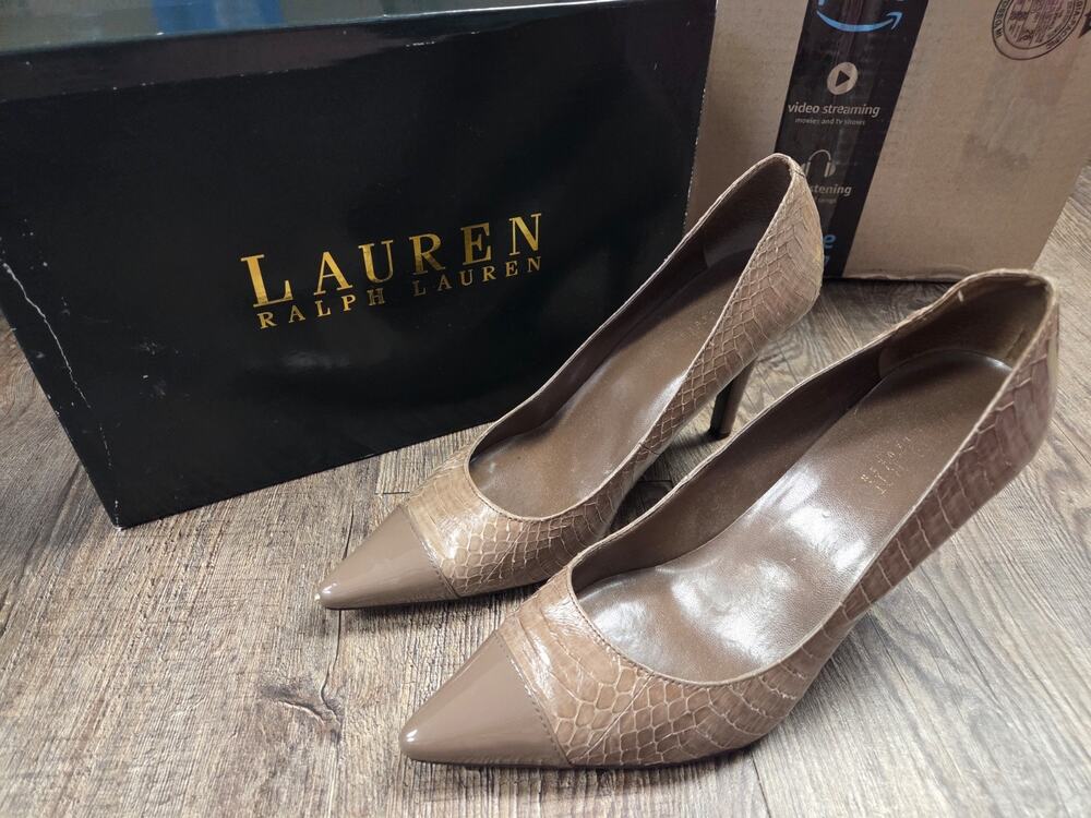Lauren Ralph Lauren taupe Beige Croc Embossed Point Toe Heels Shoes 9B
